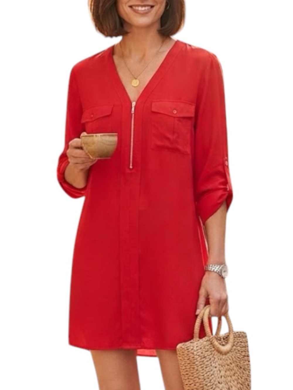 EXPRESS Preppy Minimalist Portofino Red Zip Shirt Dress Adjustable Long Sleeve L